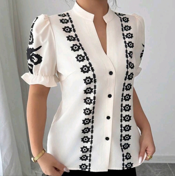 Elegant Vacation Style Printed Notched Neck Puff Sleeve Blouse - Picture 4 of 4
